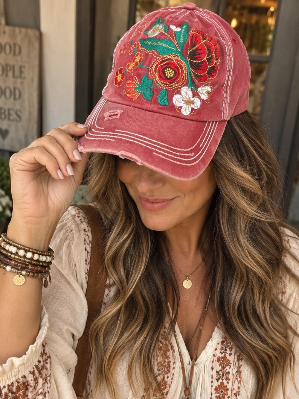 Embroidered Floral Distressed Baseball Cap – Boho Western Style – NWT